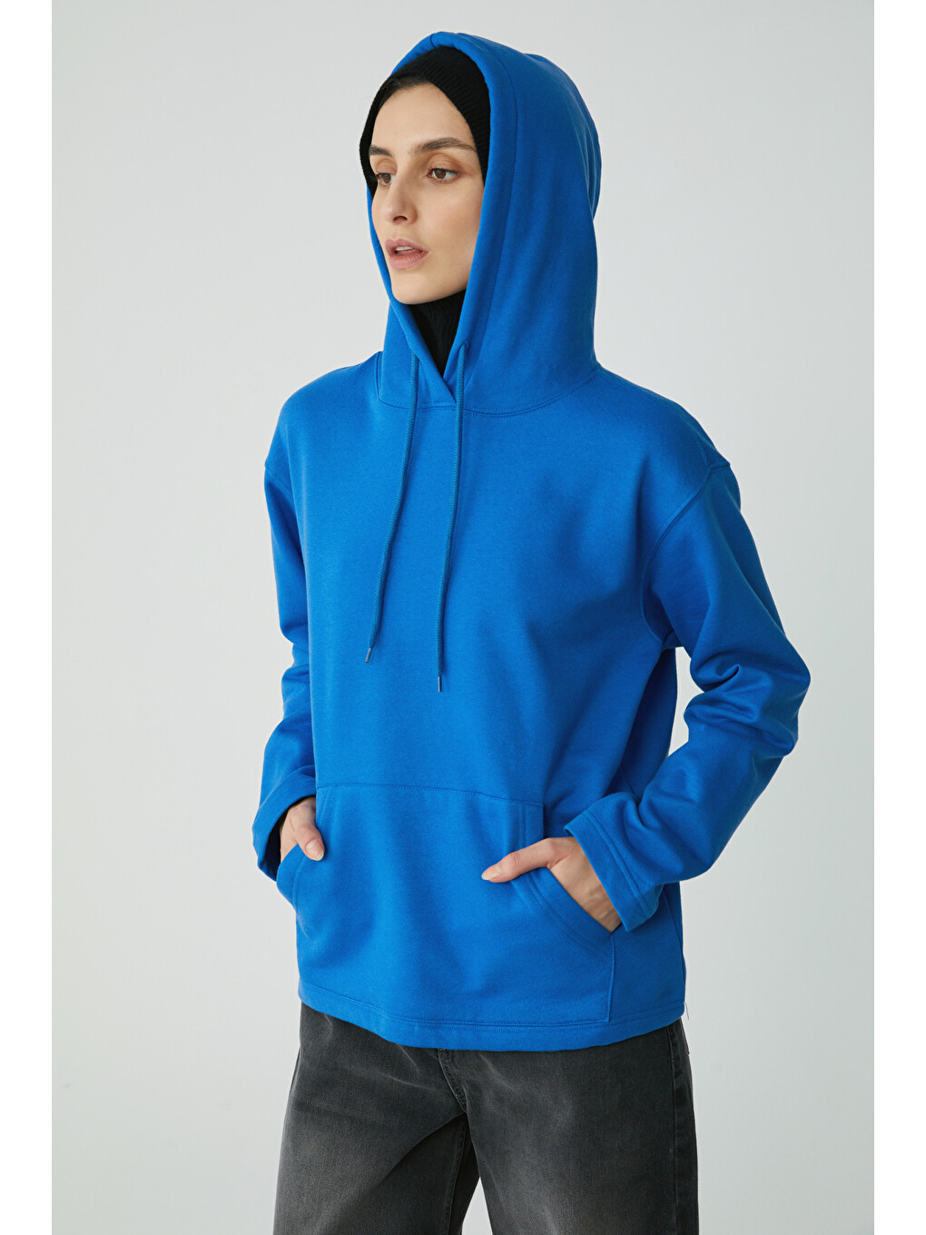 Mavi Pıper Kadın Içi Polarlı Yumuşacık Comfort Fit Kapüşonlu Kanguru Cepli Saks Sweatshirt-2