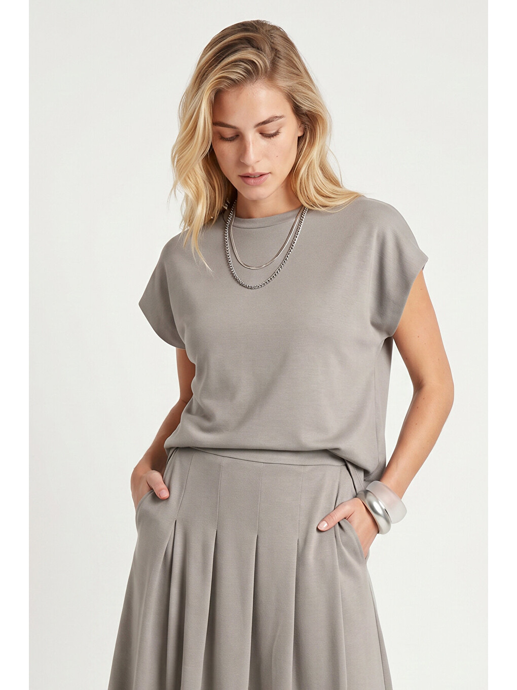 Gri Modal Vatkalı T-shirt Etek Takım GRİ LNT0041-4