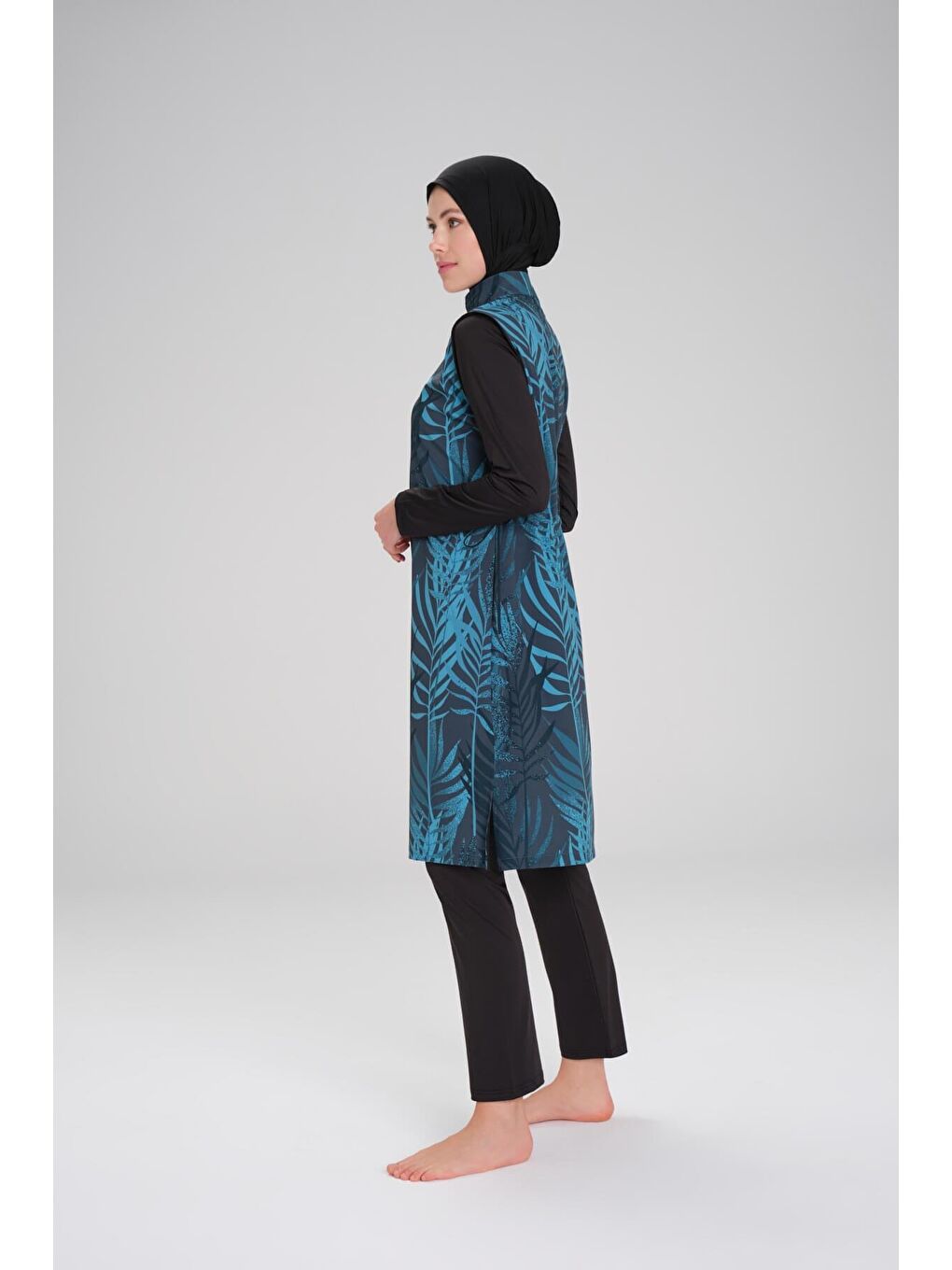 Siyah Nehar Desenli Yaprak Desenli Jileli 3 Parça Tam Tesettür Mayo Takımı 2272-2