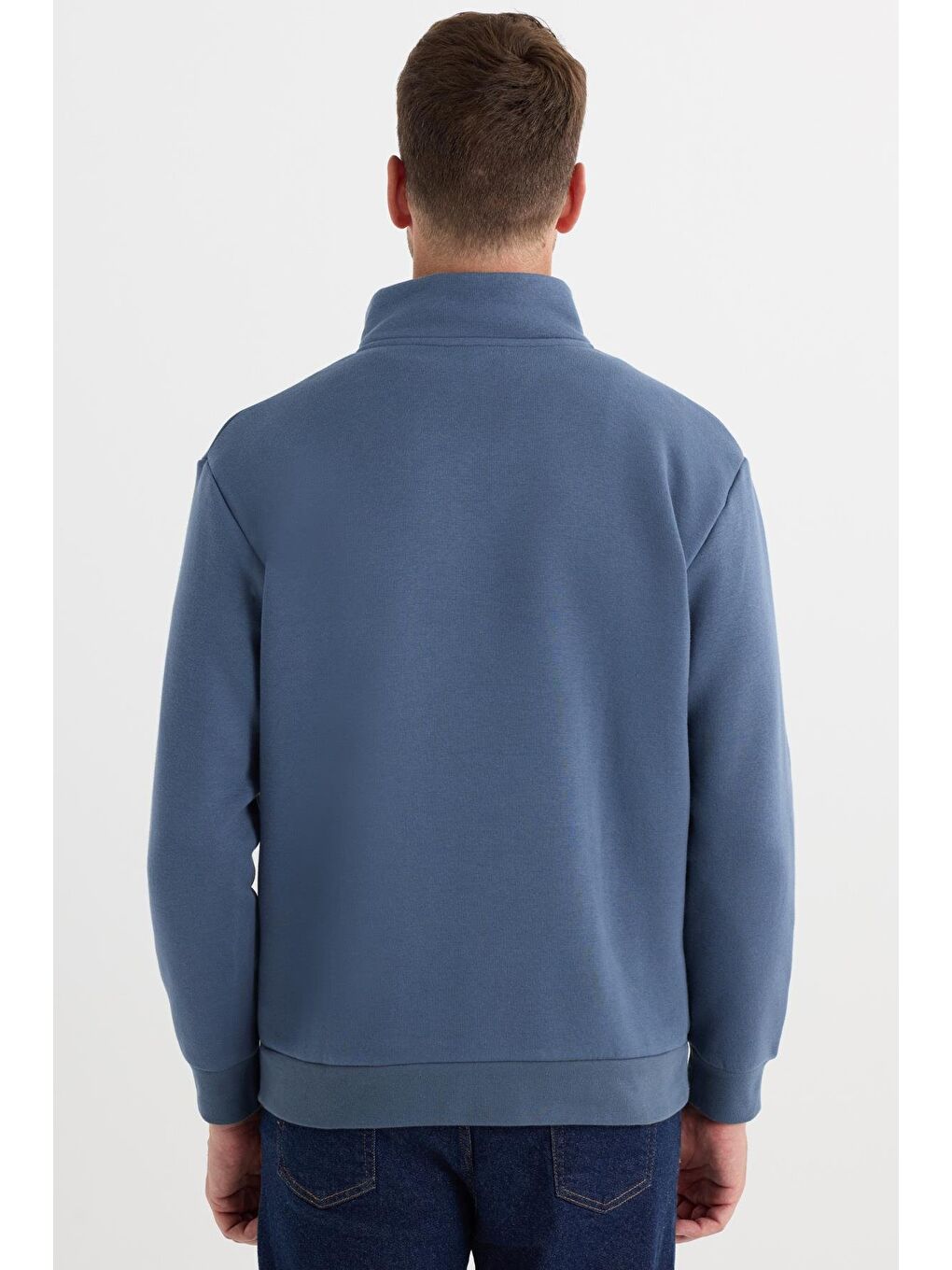 Unisex Relax Fit Rahat Kesim Pamuklu İçi Polarlı Yarım Fermuarlı Mavi Dik Yaka Sweatshirt-6