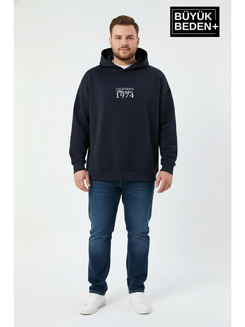 Lacivert Erkek Büyük Beden California 1974 Baskılı Kapüşonlu Sweatshirt -Rahat Kalıp SPR26BSW965