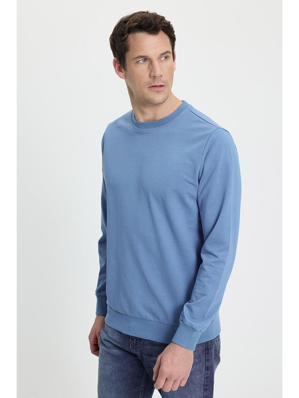 Erkek Relax Fit Rahat Kesim %100 Pamuk 2 İplik Bisiklet Yaka Mavi Sweatshirt-4