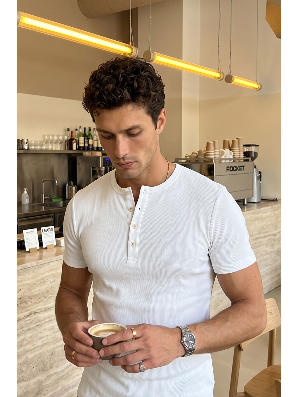 Beyaz Liiri %100 Pamuk Premium Fitilli Yarım Düğmeli Erkek Tişört Regular Fit Basic Yazlık Tişört-2