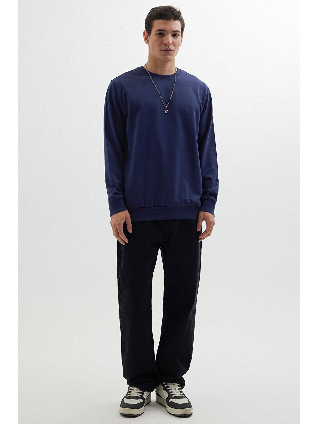 Erkek Relax Fit Rahat Kesim %100 Pamuk 2 İplik Bisiklet Yaka Lacivert Sweatshirt-3