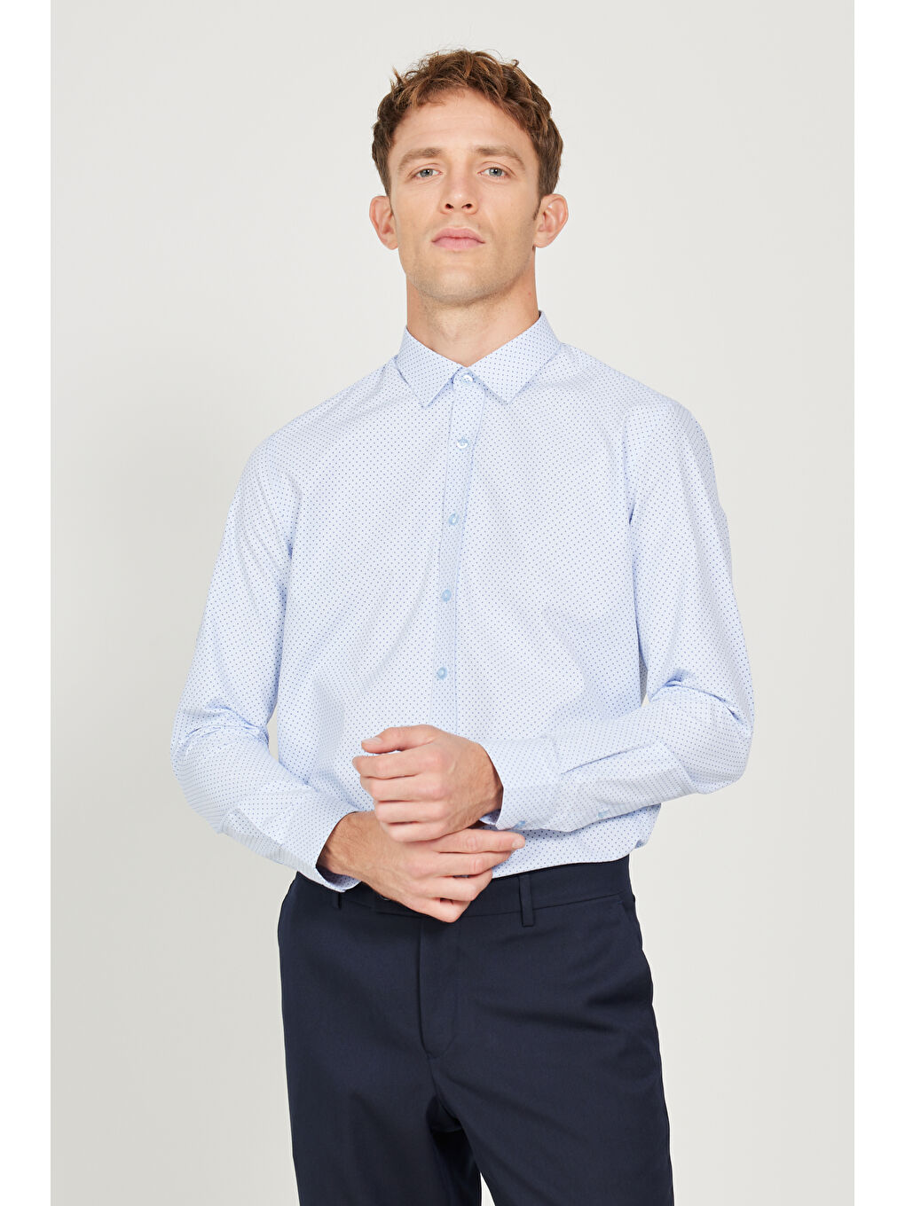 Erkek Mavi-Lacivert Slim Fit Dar Kesim Klasik Yaka Baskılı Gömlek-5