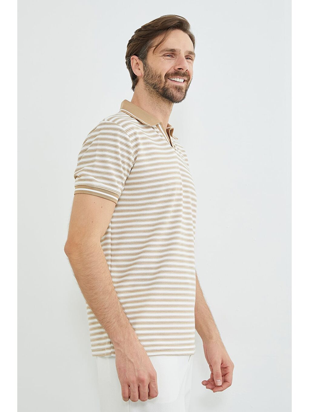 Bej Çizgili Polo Yaka Tişört-3
