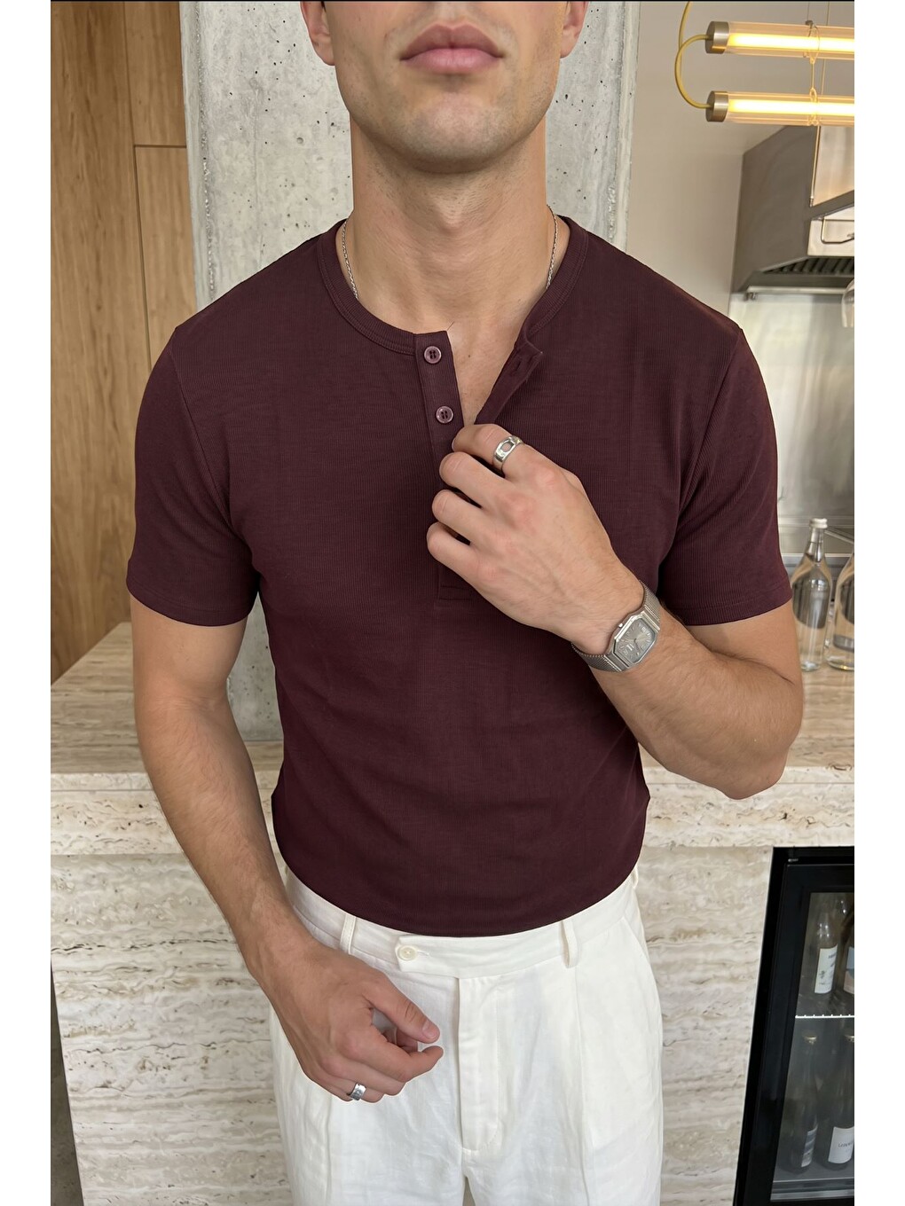 Bordo Liiri %100 Pamuk Premium Fitilli Yarım Düğmeli Erkek Tişört Regular Fit Basic Yazlık Tişört-6