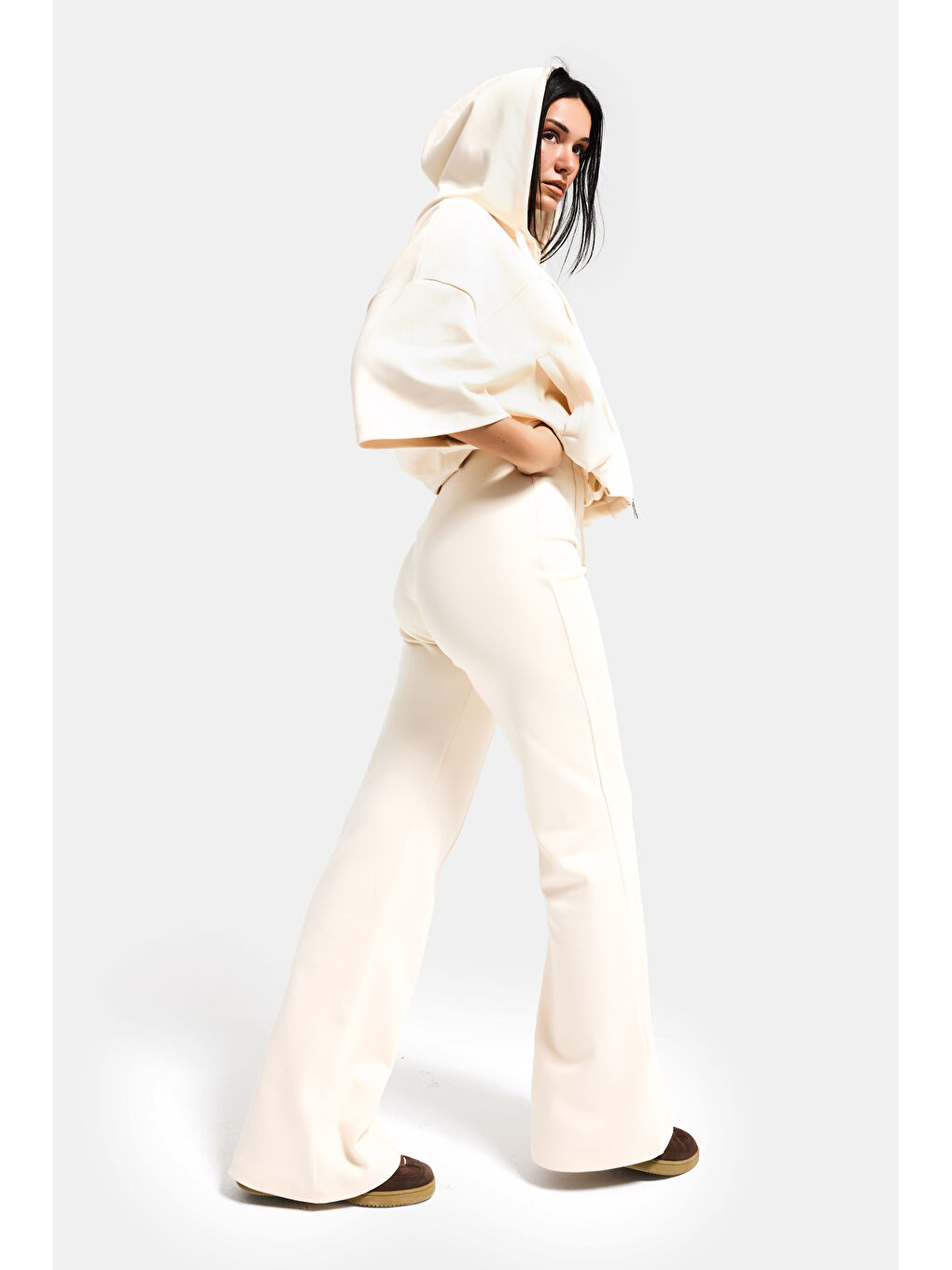 Kadın Ekru s6-105 Alt Üst Sweatshirt Yürüyüş Pantolonu 2'li Kombin Takım-1
