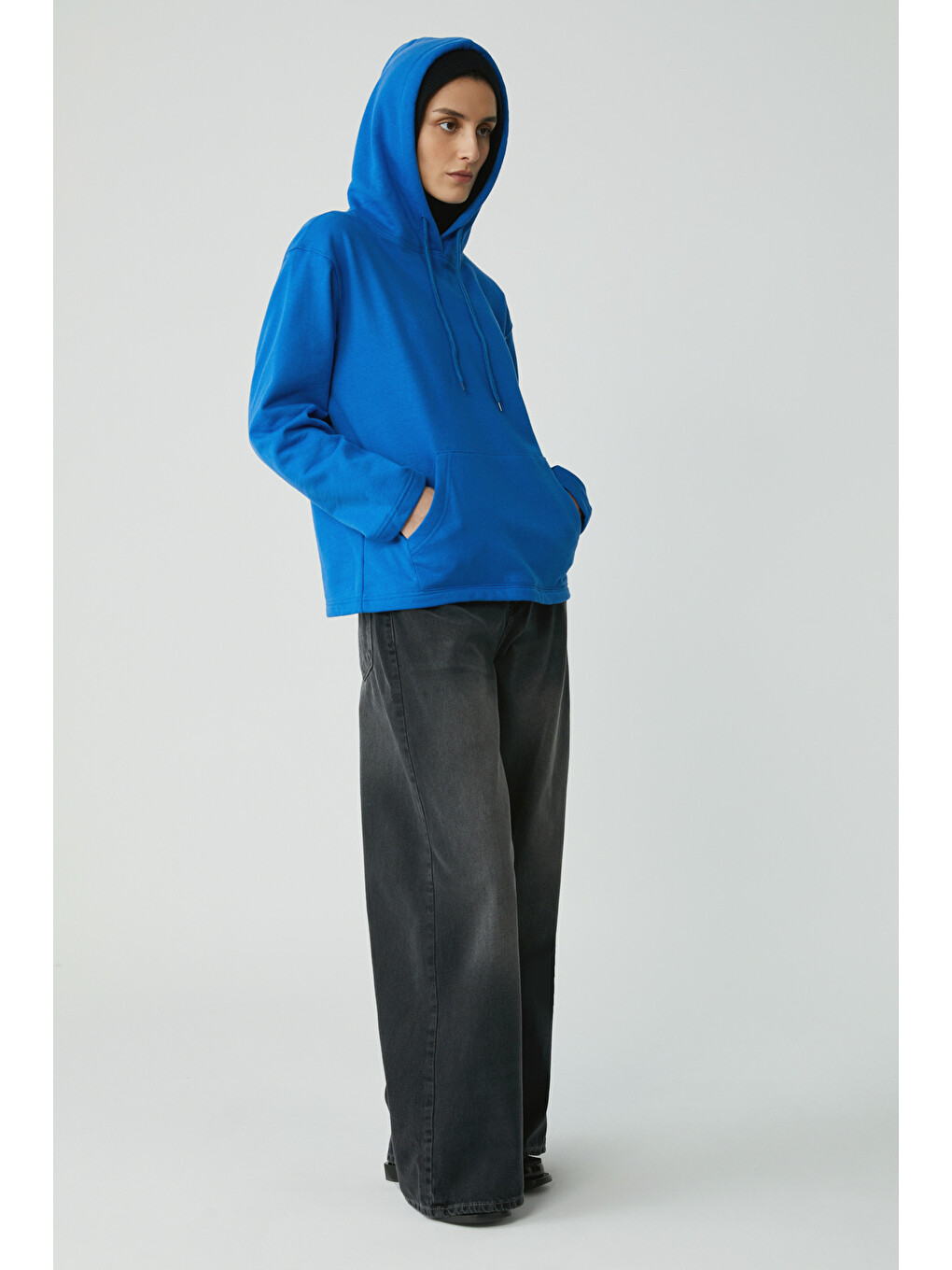 Mavi Pıper Kadın Içi Polarlı Yumuşacık Comfort Fit Kapüşonlu Kanguru Cepli Saks Sweatshirt-3