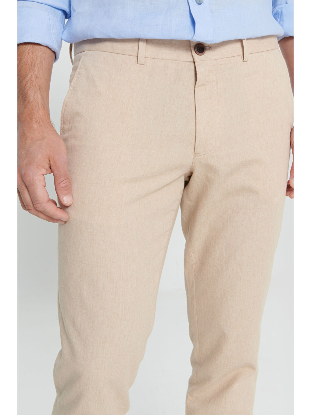 Erkek Bej Slim Fit Dar Kesim %100 Pamuk Yan Cep Pantolon-3