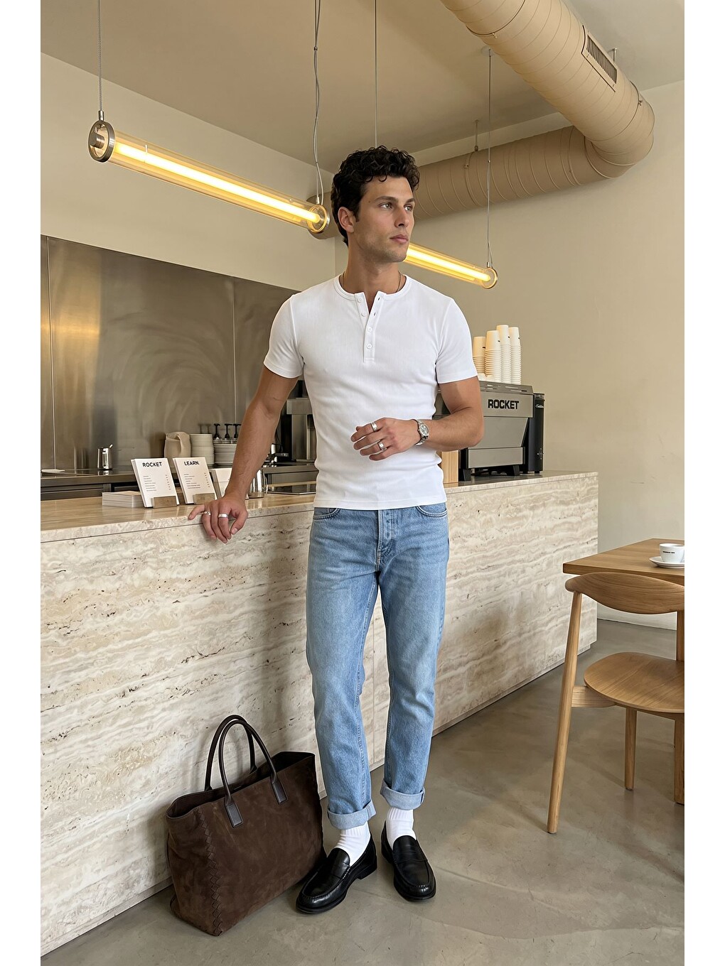 Beyaz Liiri %100 Pamuk Premium Fitilli Yarım Düğmeli Erkek Tişört Regular Fit Basic Yazlık Tişört-3