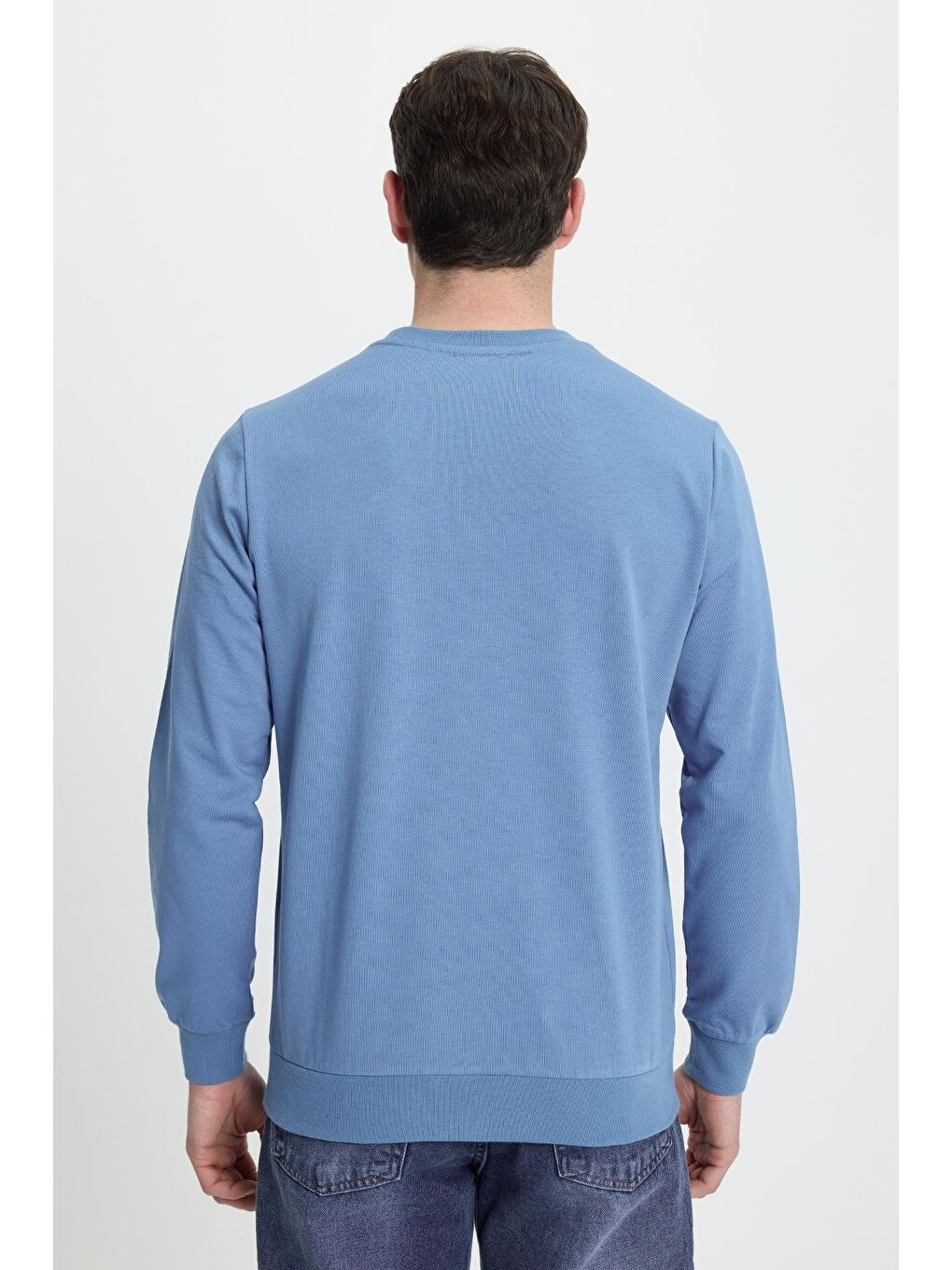 Erkek Relax Fit Rahat Kesim %100 Pamuk 2 İplik Bisiklet Yaka Mavi Sweatshirt-6