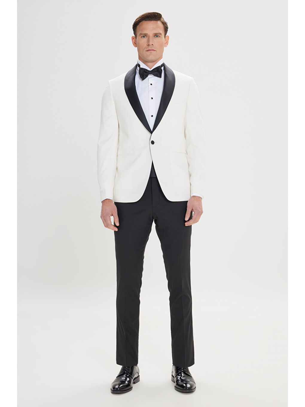 Erkek Beyaz Slim Fit Dar Kesim Şal Yaka Armürlü Çift Fleto Cepli Damatlık Smokin Takımı-3