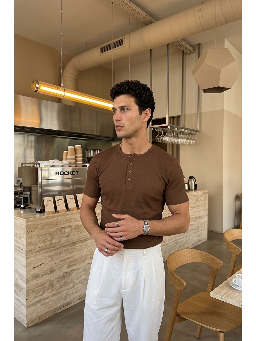 Bej Liiri %100 Pamuk Premium Fitilli Yarım Düğmeli Erkek Tişört Regular Fit Basic Yazlık Tişört-1