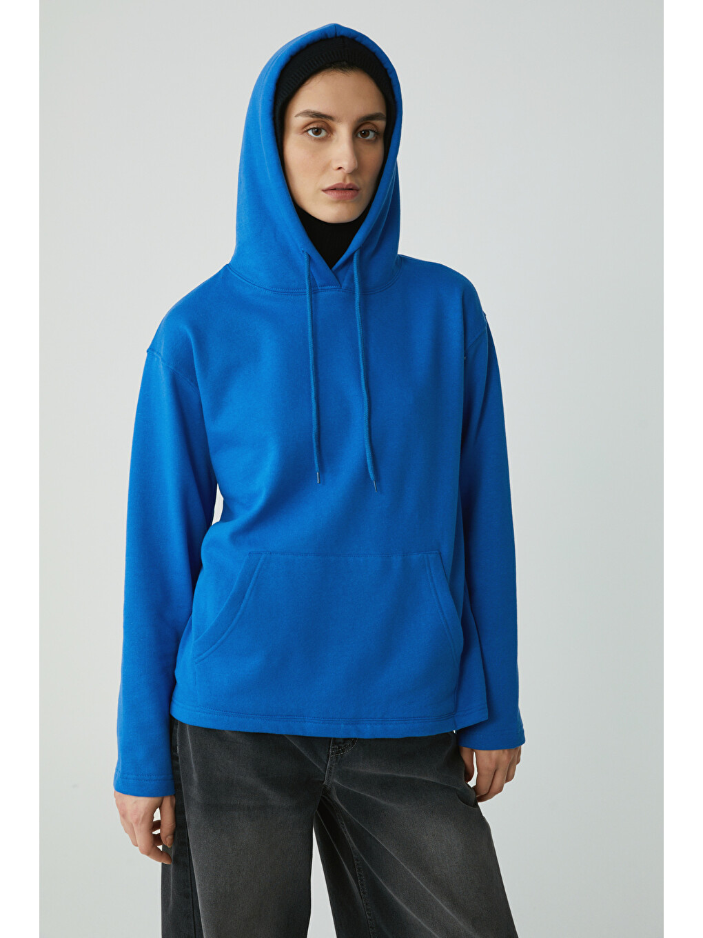 Mavi Pıper Kadın Içi Polarlı Yumuşacık Comfort Fit Kapüşonlu Kanguru Cepli Saks Sweatshirt-4