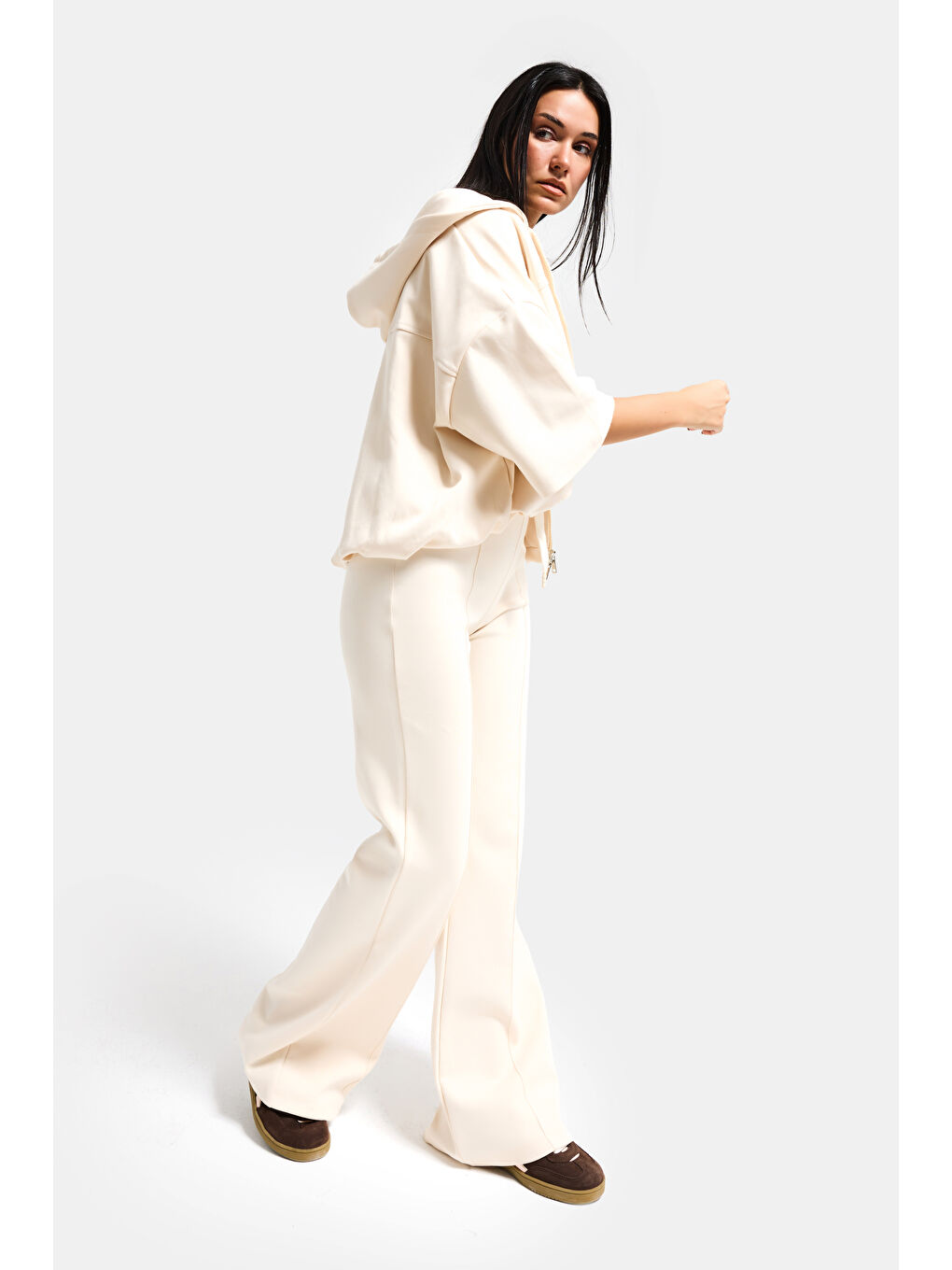 Kadın Ekru s6-105 Alt Üst Sweatshirt Yürüyüş Pantolonu 2'li Kombin Takım-2