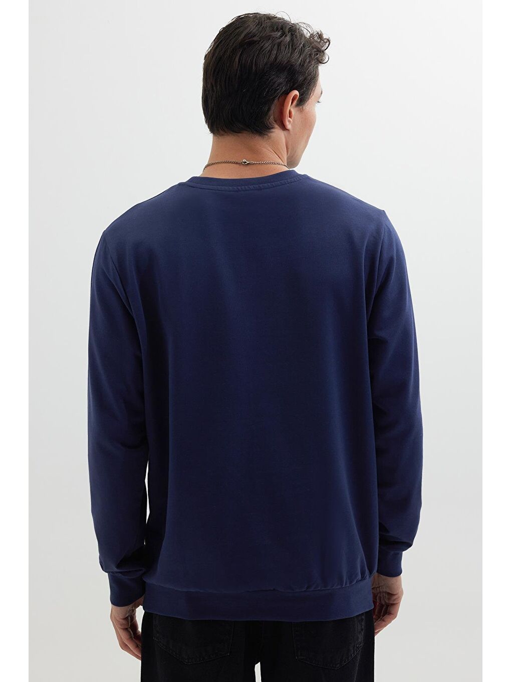 Erkek Relax Fit Rahat Kesim %100 Pamuk 2 İplik Bisiklet Yaka Lacivert Sweatshirt-6