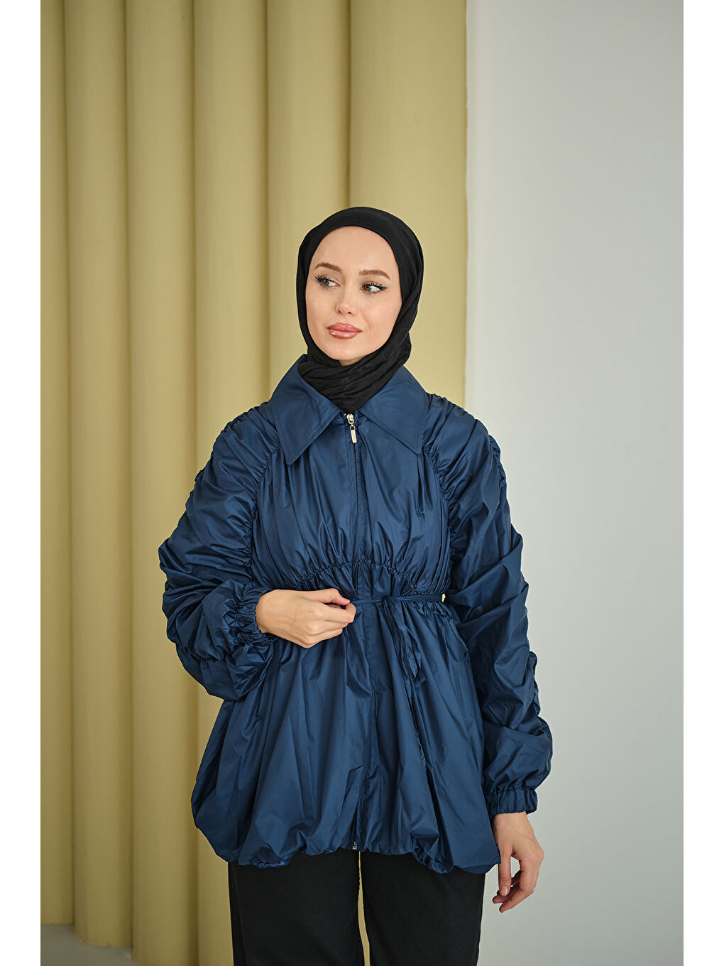 Kadın Büzgü Detay Paraşüt Ceket Lacivert-2