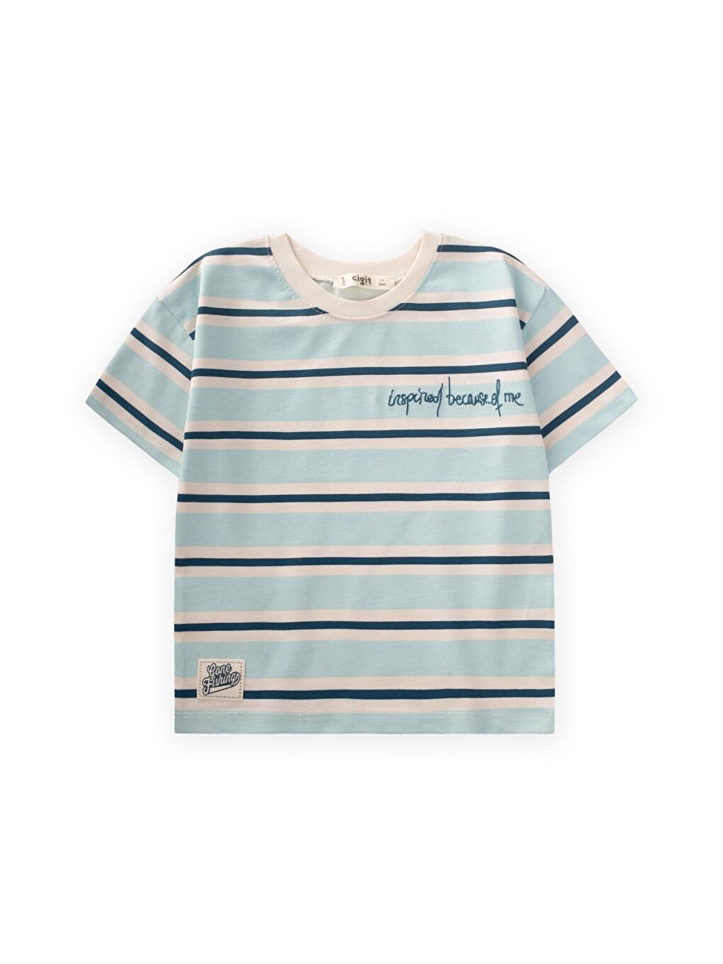 Turkuaz Erkek Çocuk Nakışlı Çizgili Tişört