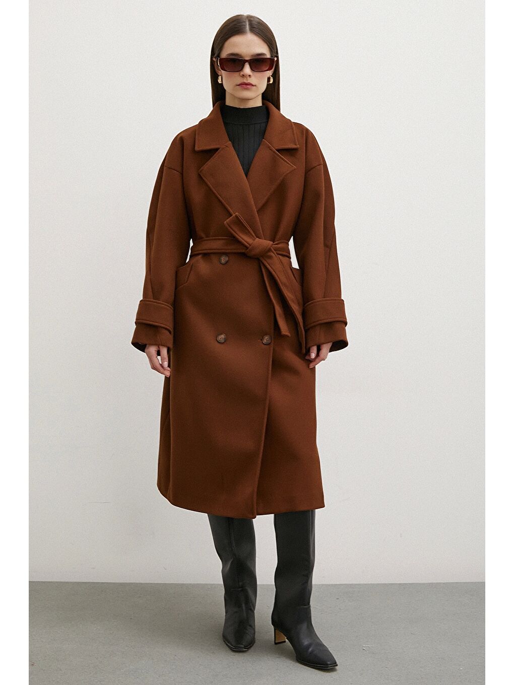 Karışık Kol Detaylı Robalı Kaşe Kaban Kahve-1