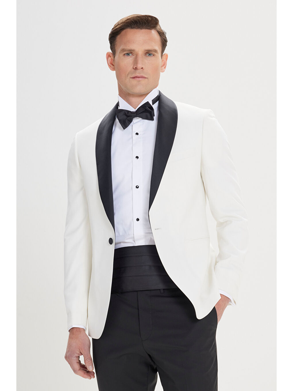 Erkek Beyaz Slim Fit Dar Kesim Şal Yaka Armürlü Çift Fleto Cepli Damatlık Smokin Takımı-4