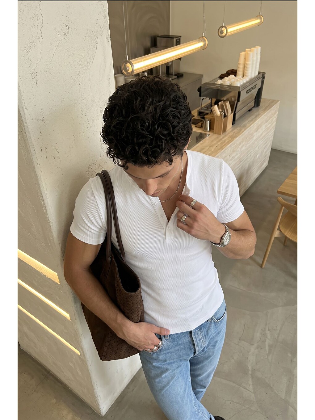 Beyaz Liiri %100 Pamuk Premium Fitilli Yarım Düğmeli Erkek Tişört Regular Fit Basic Yazlık Tişört-4