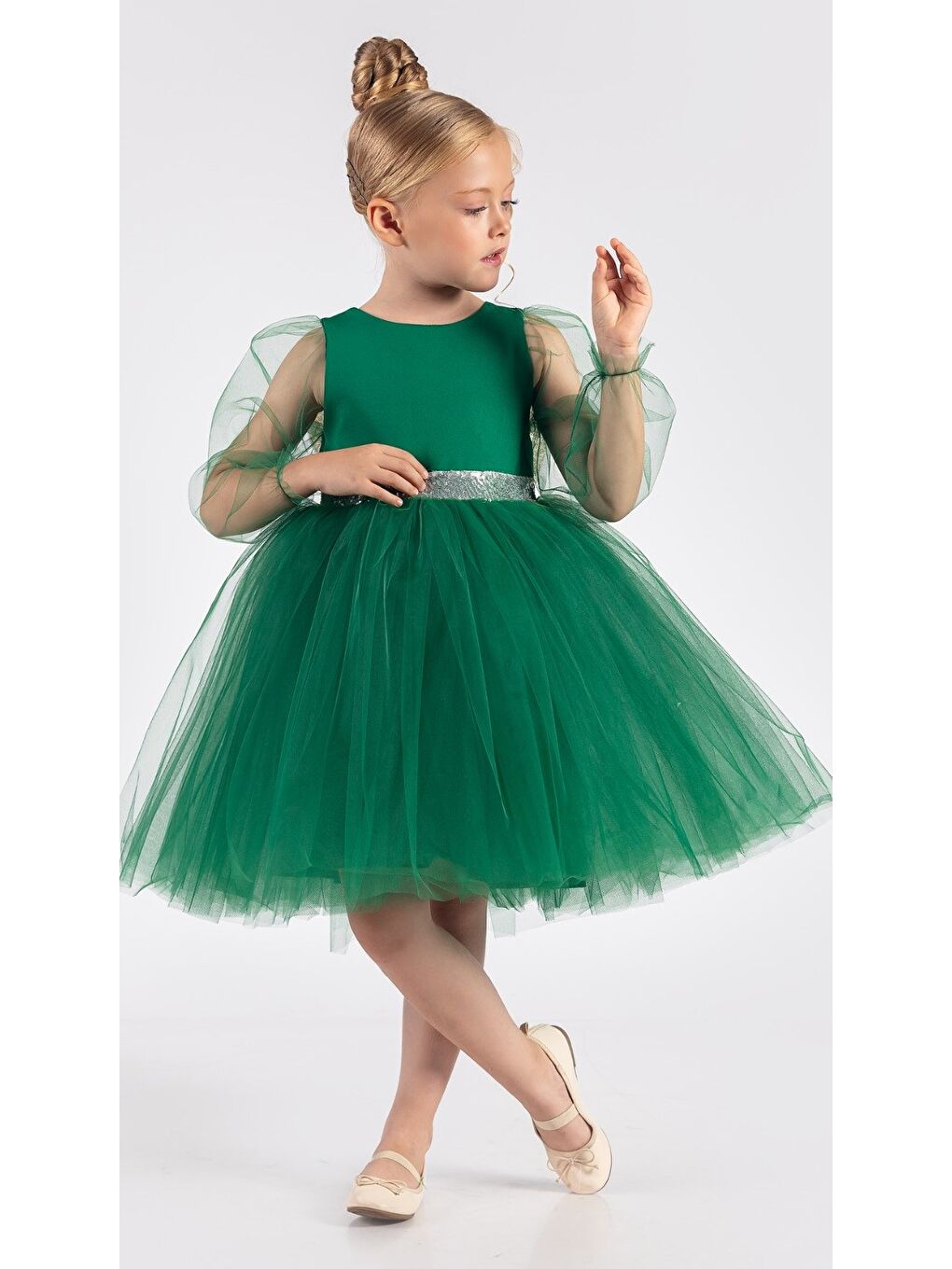 Yeşil Kanatlı Kız Çocuk Şifon Kol Abiye MNK0534-5