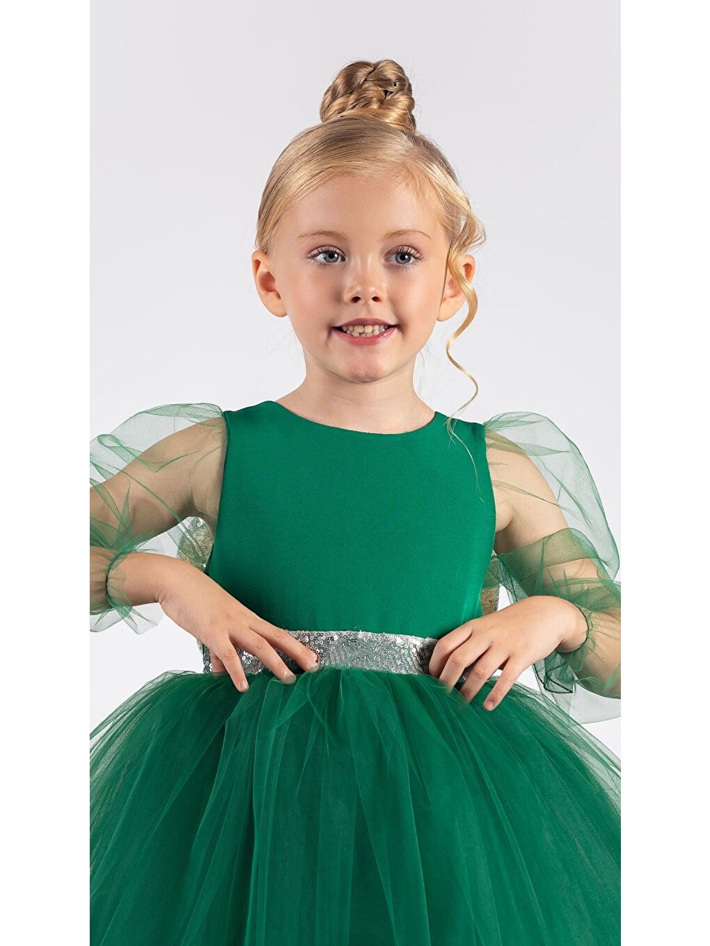 Yeşil Kanatlı Kız Çocuk Şifon Kol Abiye MNK0534-6