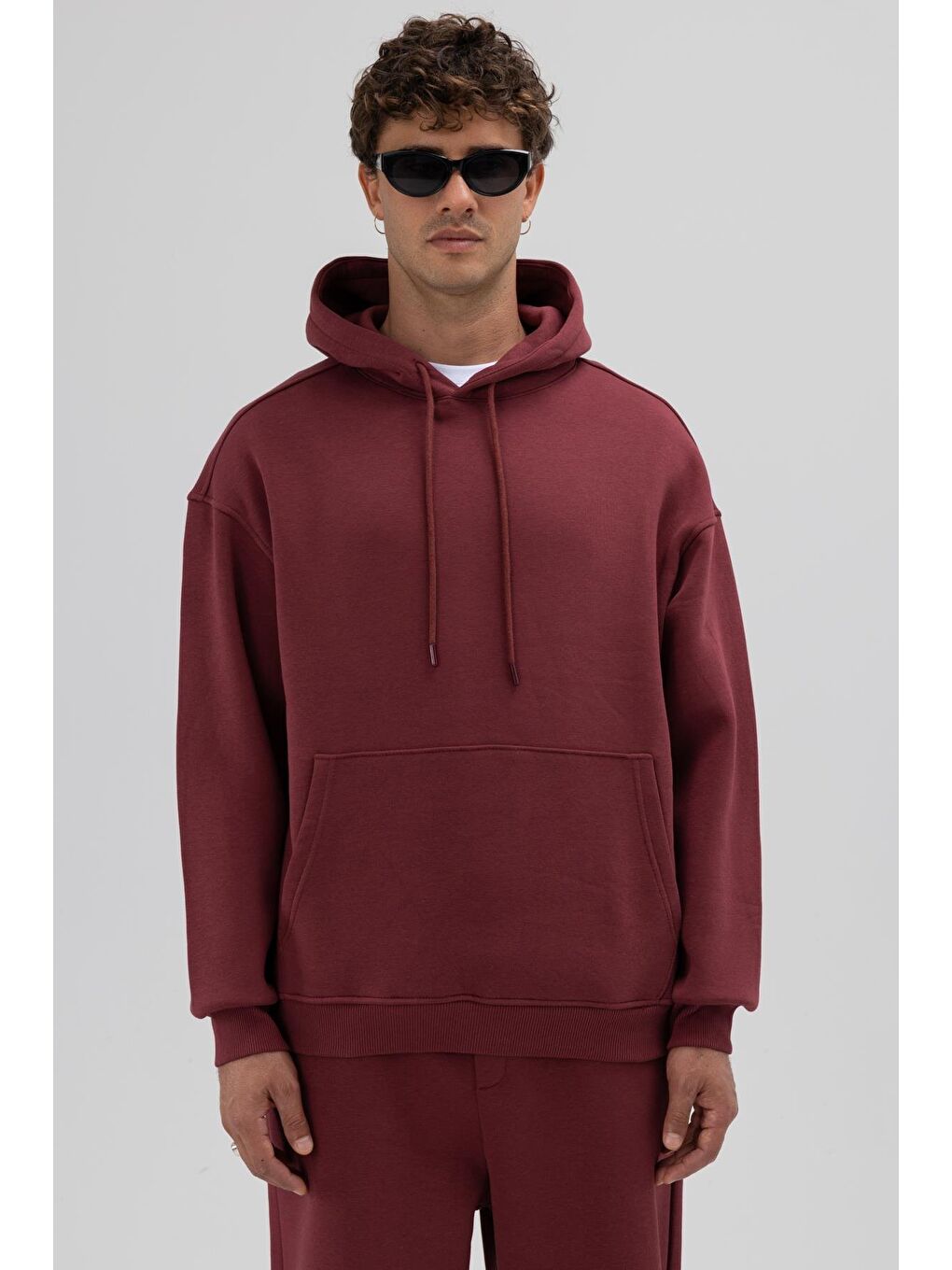 Basic Oversize Kapüşonlu Sweatshirt Bordo-1
