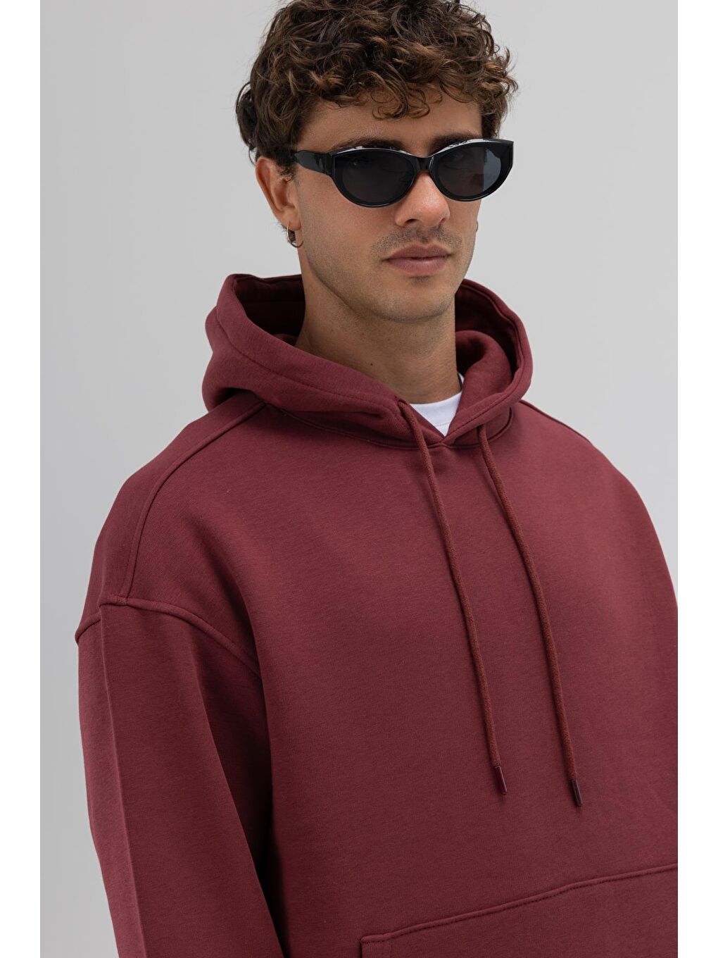 Basic Oversize Kapüşonlu Sweatshirt Bordo-3