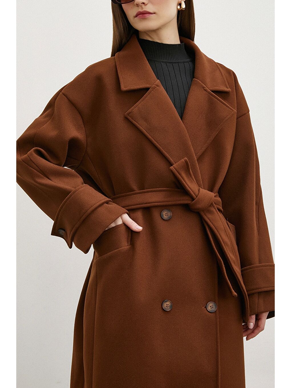 Karışık Kol Detaylı Robalı Kaşe Kaban Kahve-4