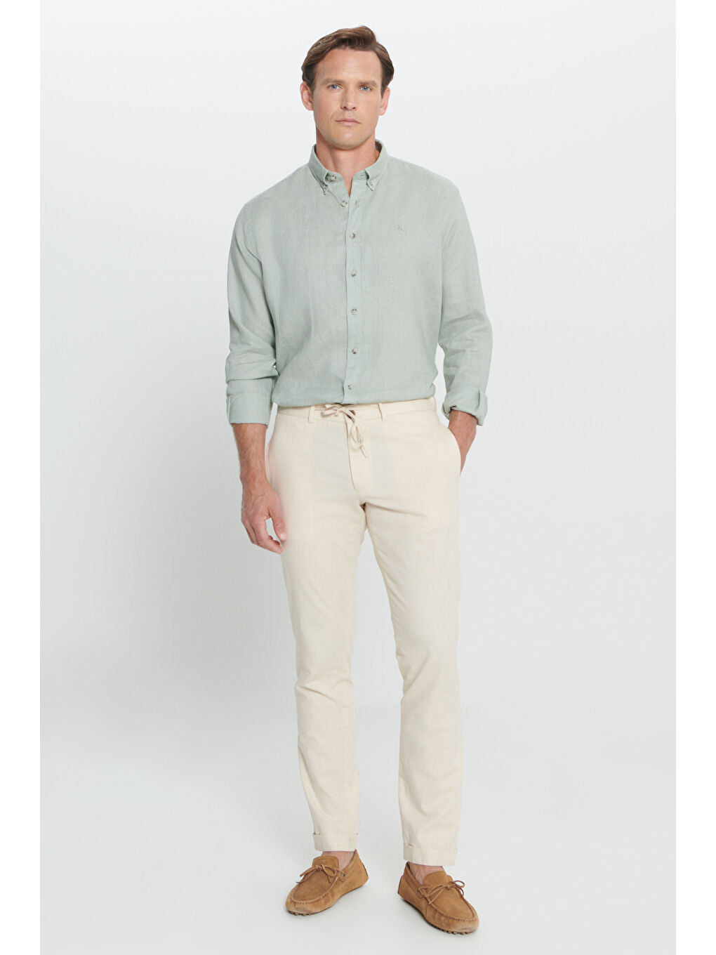 Erkek Ekru Slim Fit Dar Kesim %100 Pamuk Yan Cep Pileli Pantolon-1