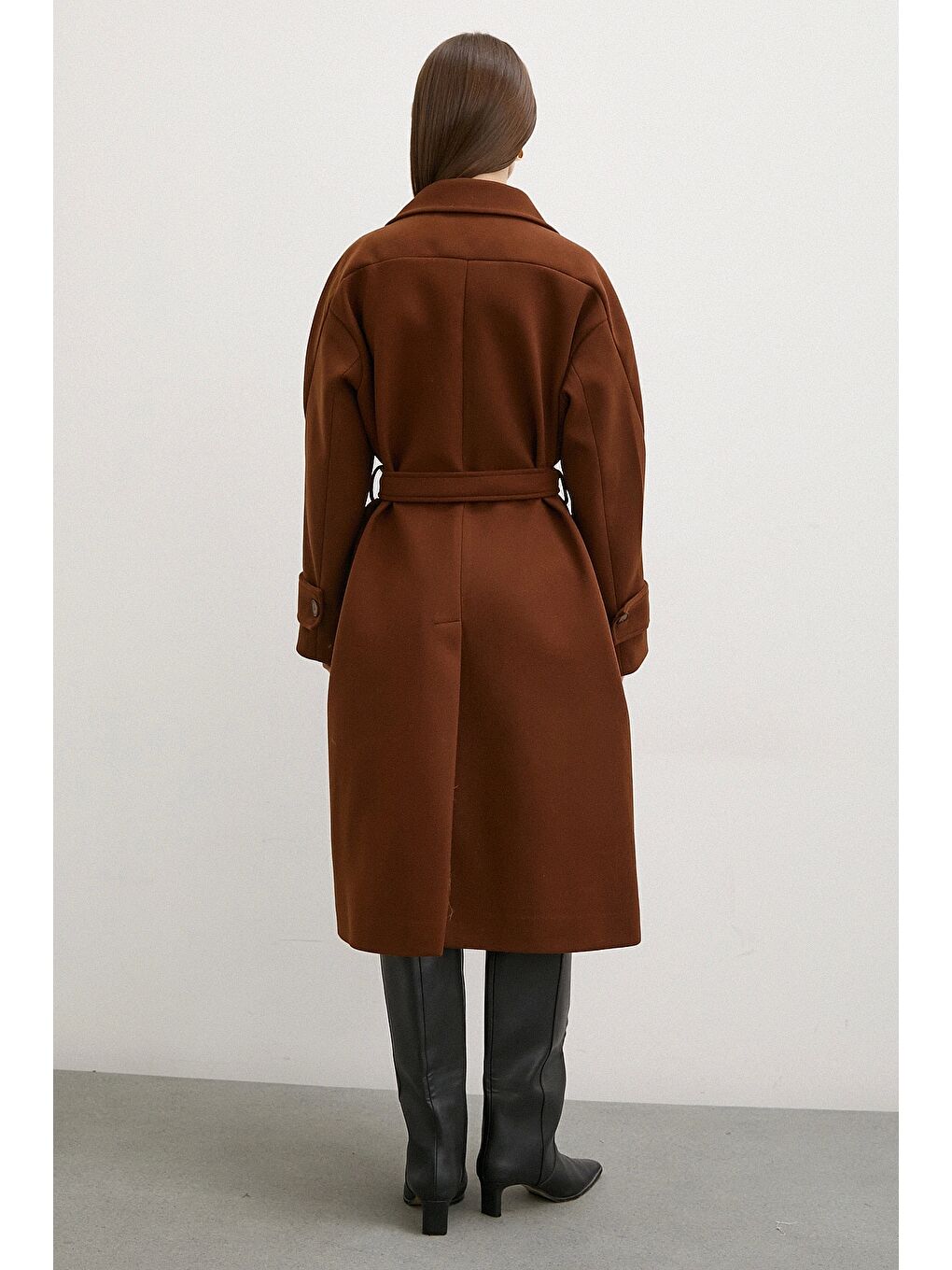 Karışık Kol Detaylı Robalı Kaşe Kaban Kahve-5