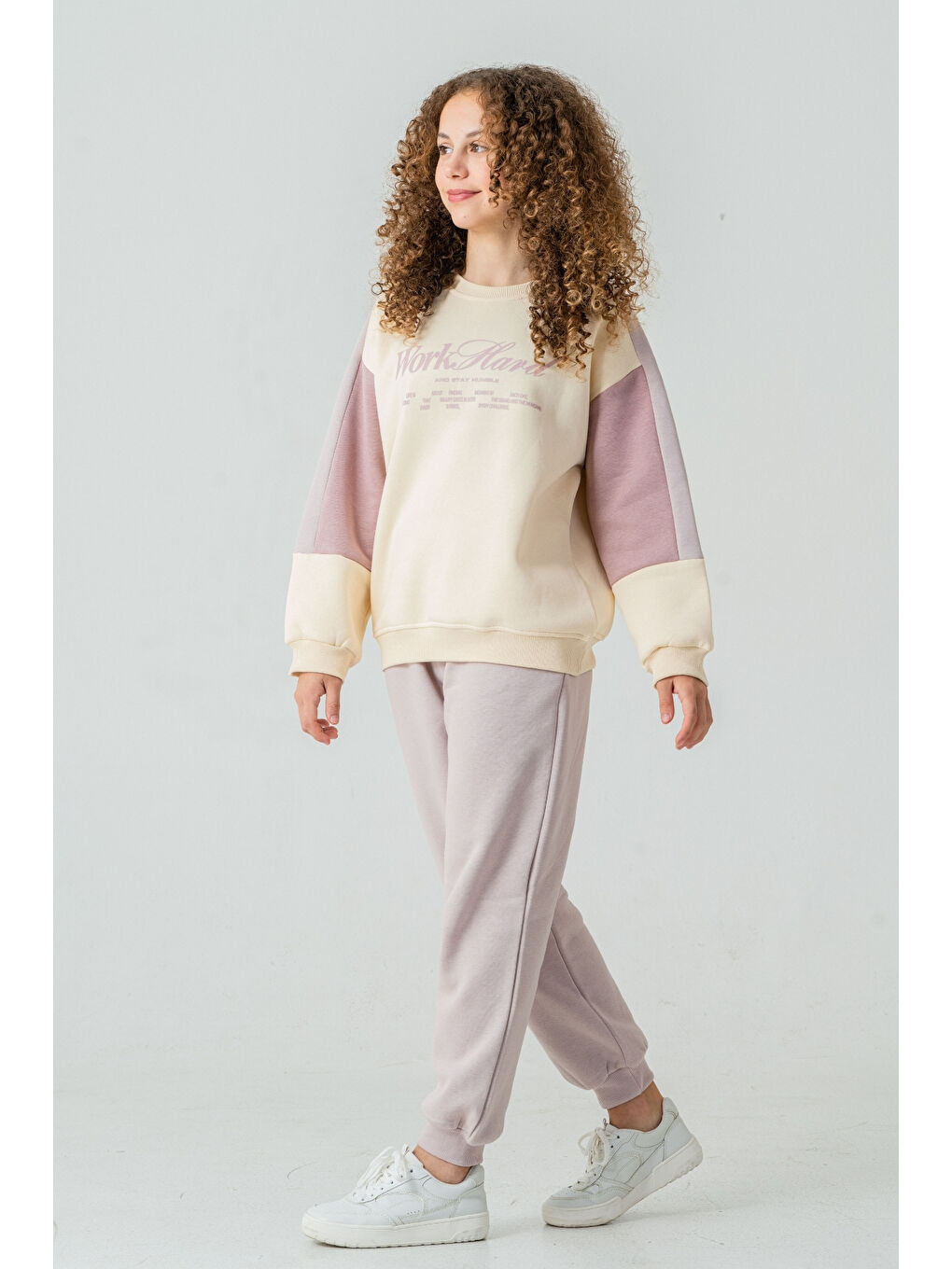 Lila Kız Çocuk Work Hard Baskılı 3 İplik Kalın Kışlık Eşofman Takımı Ak4220-1