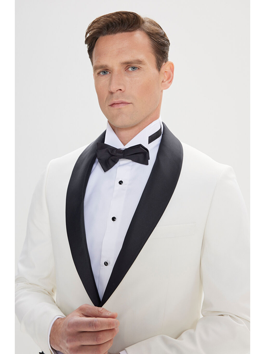 Erkek Beyaz Slim Fit Dar Kesim Şal Yaka Armürlü Çift Fleto Cepli Damatlık Smokin Takımı-5