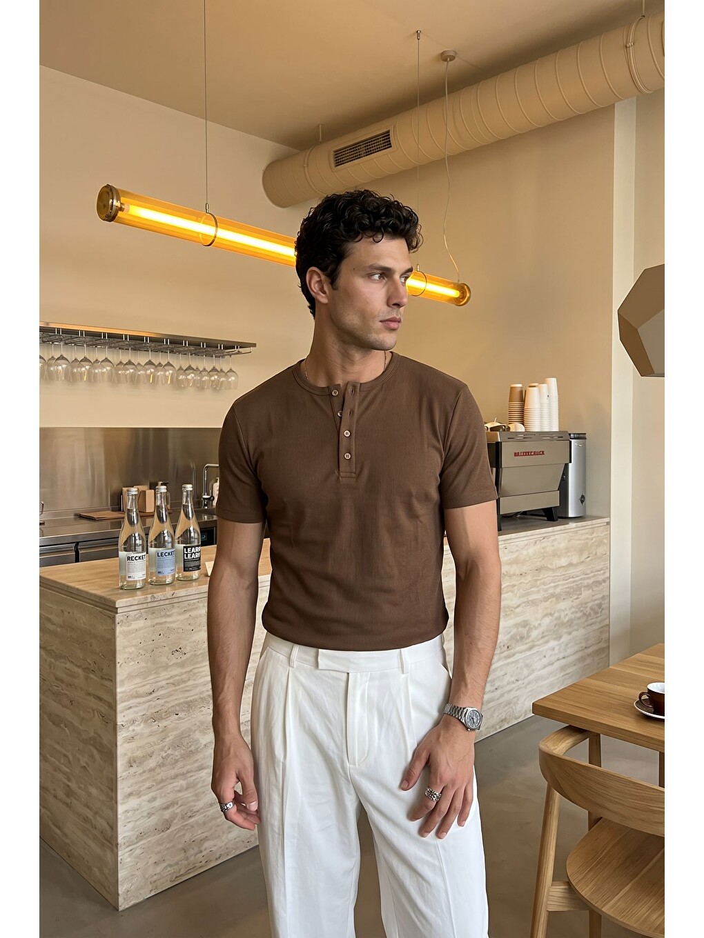 Bej Liiri %100 Pamuk Premium Fitilli Yarım Düğmeli Erkek Tişört Regular Fit Basic Yazlık Tişört-3