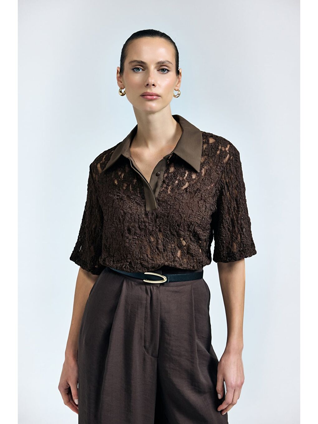 Kahverengi Dantel Bluz - Kahve-1