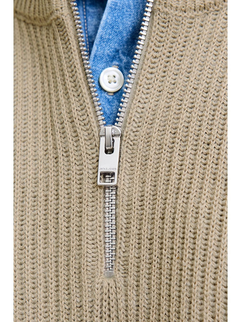 Bej Jjpannel Pamuk Karışımlı Regular Fit Yarım Fermuarlı Dik Yaka Kazak 12278919-5