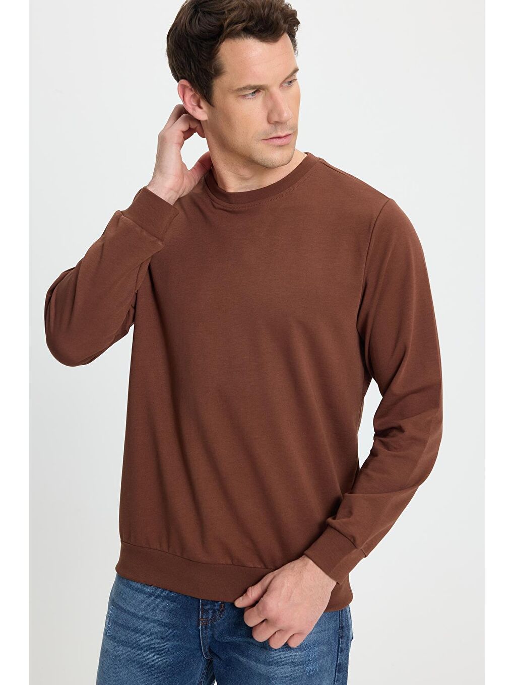 Erkek Relax Fit Rahat Kesim %100 Pamuk 2 İplik Bisiklet Yaka Kahverengi Sweatshirt-3
