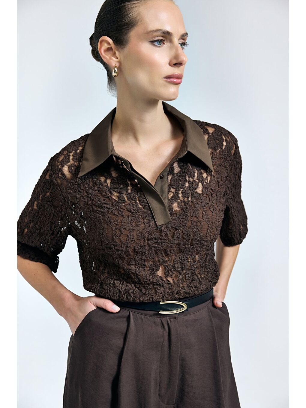 Kahverengi Dantel Bluz - Kahve-2