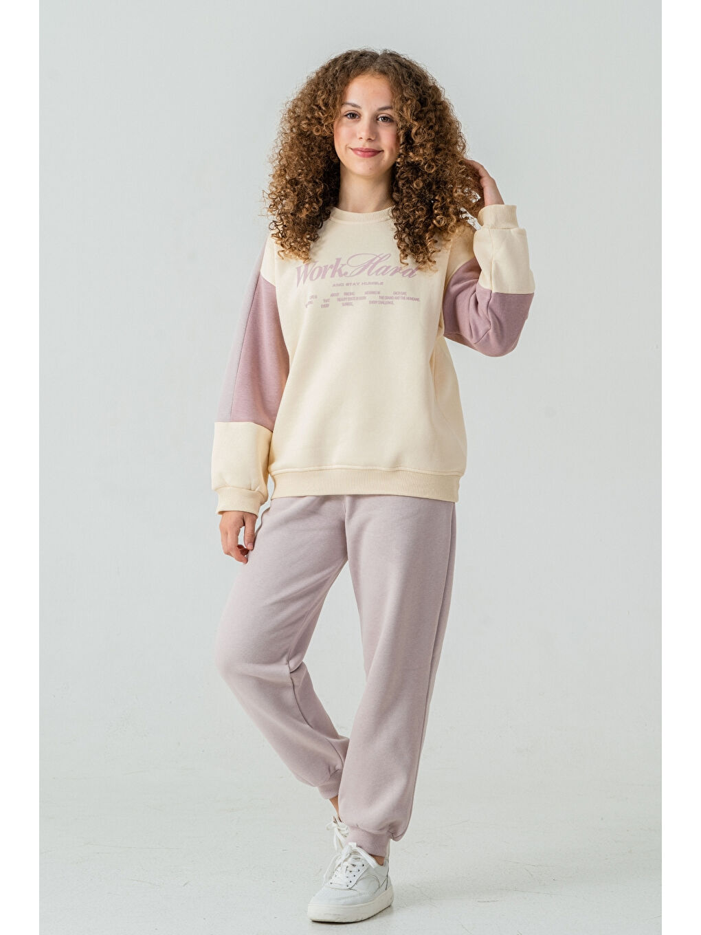 Lila Kız Çocuk Work Hard Baskılı 3 İplik Kalın Kışlık Eşofman Takımı Ak4220-2