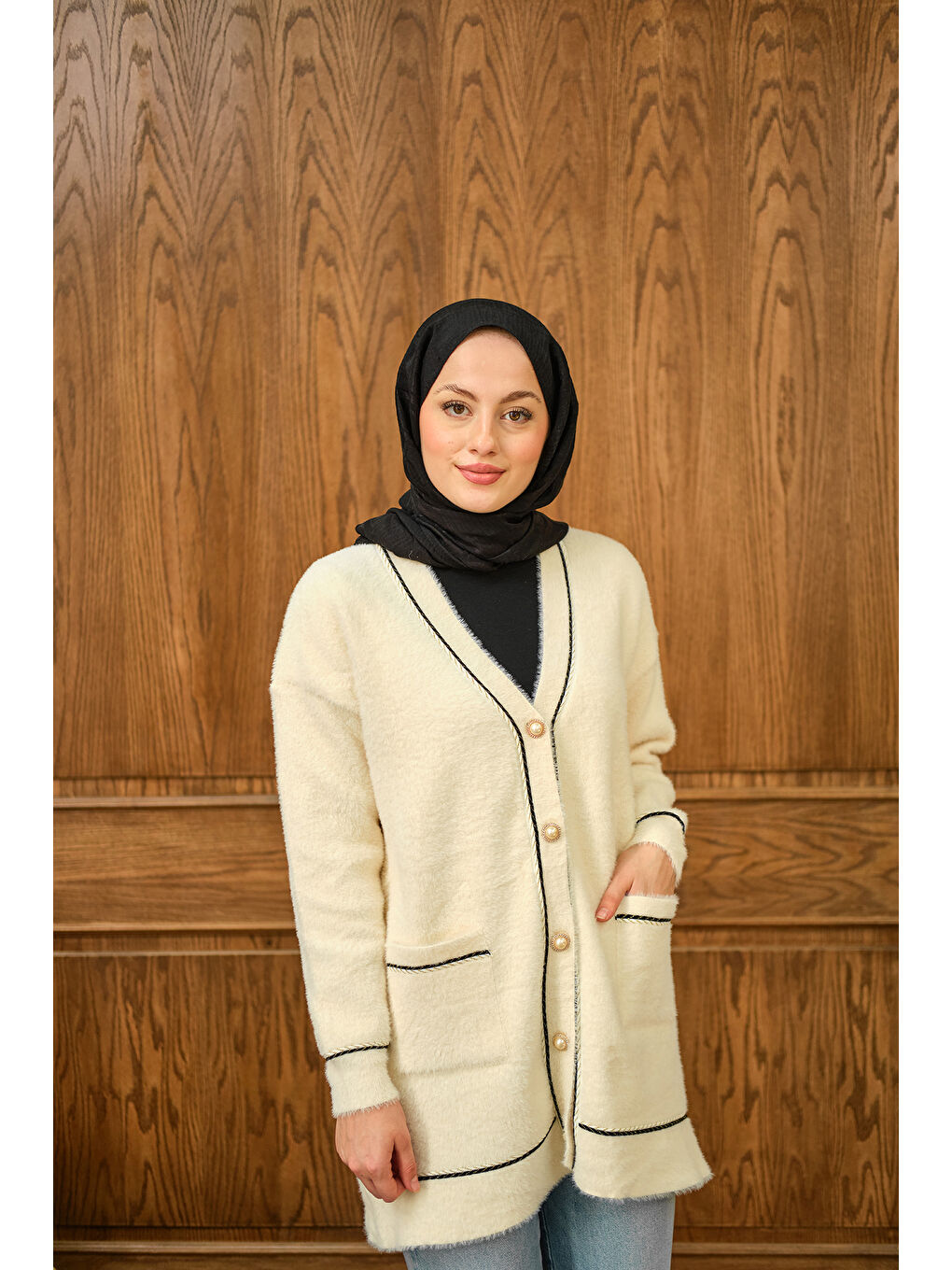 Kadın Sim Detay Hırka Bej-1