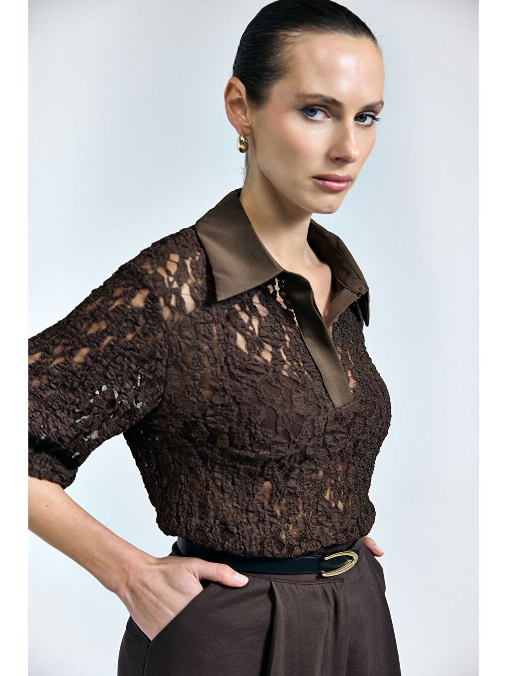 Kahverengi Dantel Bluz - Kahve-3