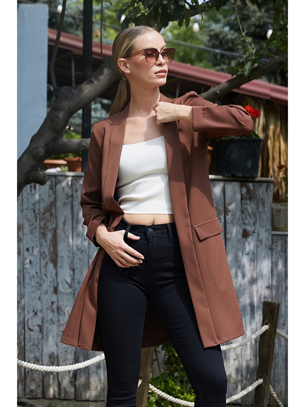 Kahverengi Kolu Katlı Şal Yaka Blazer Ceket-1