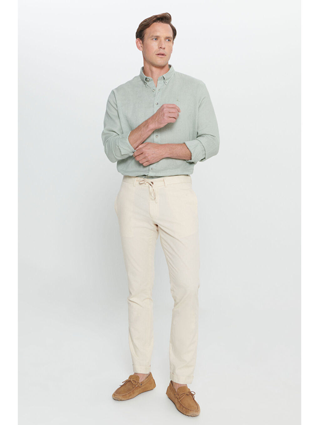 Erkek Ekru Slim Fit Dar Kesim %100 Pamuk Yan Cep Pileli Pantolon-2