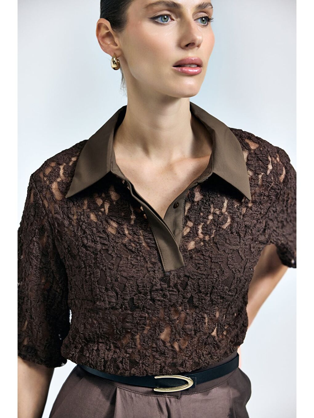 Kahverengi Dantel Bluz - Kahve-4