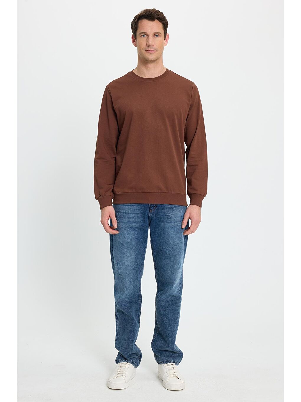 Erkek Relax Fit Rahat Kesim %100 Pamuk 2 İplik Bisiklet Yaka Kahverengi Sweatshirt-4