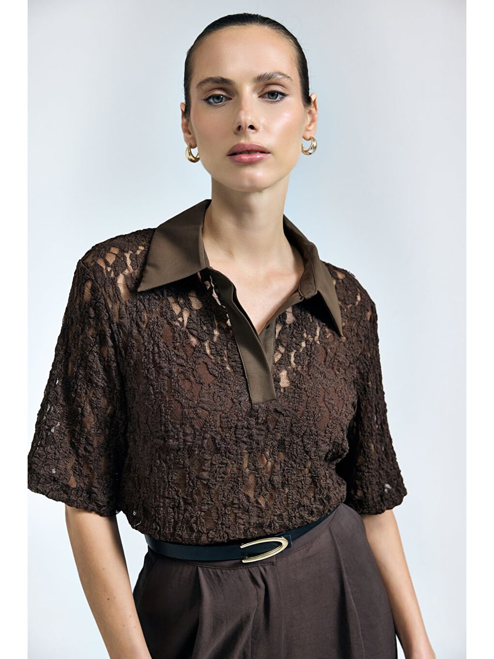 Kahverengi Dantel Bluz - Kahve-5