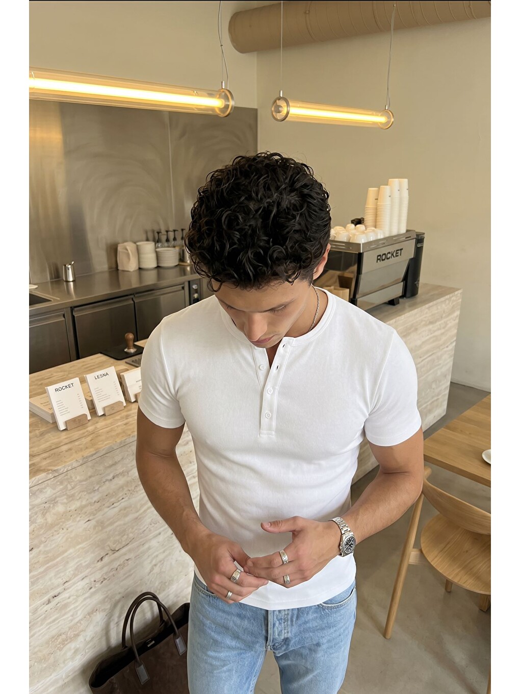 Beyaz Liiri %100 Pamuk Premium Fitilli Yarım Düğmeli Erkek Tişört Regular Fit Basic Yazlık Tişört-6