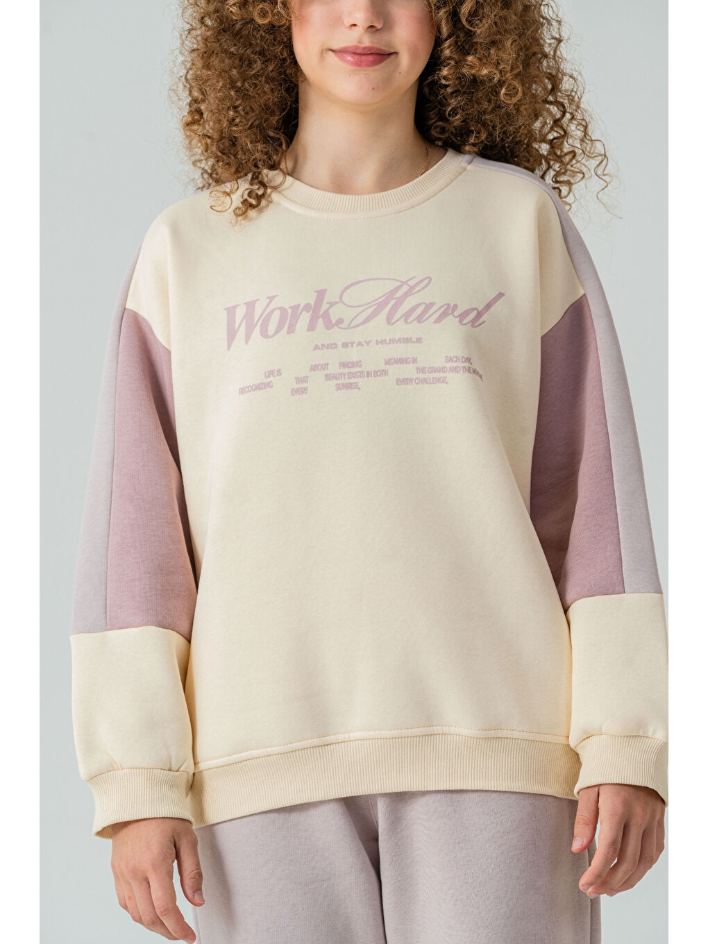 Lila Kız Çocuk Work Hard Baskılı 3 İplik Kalın Kışlık Eşofman Takımı Ak4220-3